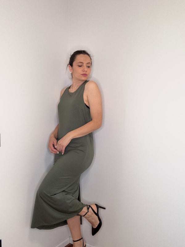 ABITO  "LYOCELLA" VERDE MILITARE CON DETTAGLIO ORO