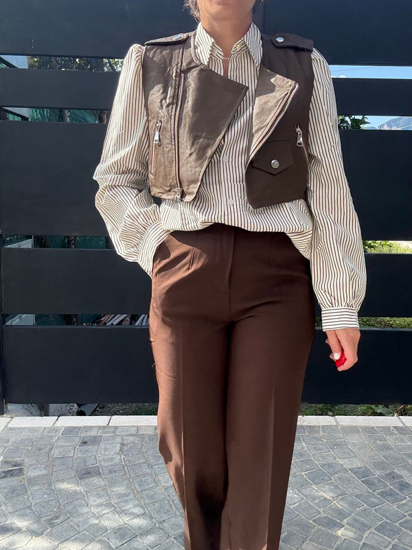 CAMICIA OVER CON GILET CROP RIGA MARRONE