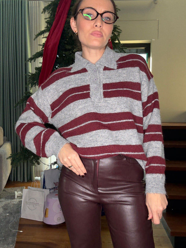 MAGLIONCINO MODELLO POLO "LULU" GRIGIO/BORDEAUX