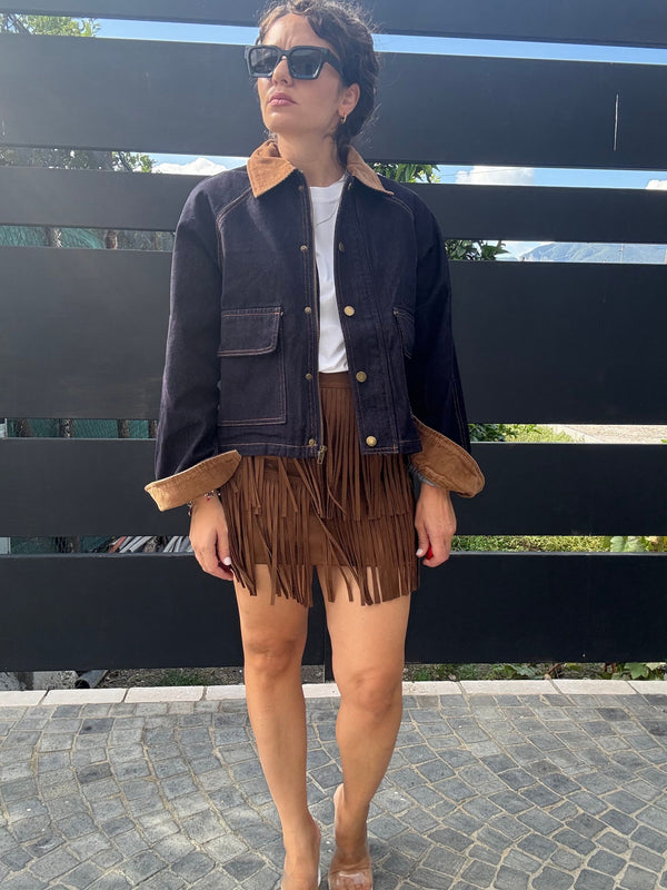 GIACCA IN DENIM "LAVAGGIO ZERO" CON COLLETTO IN CAMOSCIO